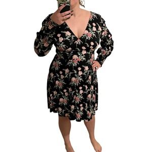 Hell Bunny Felicia Dress Retro PinUp Black Rose Floral Long Sleeve VNeck XL US12